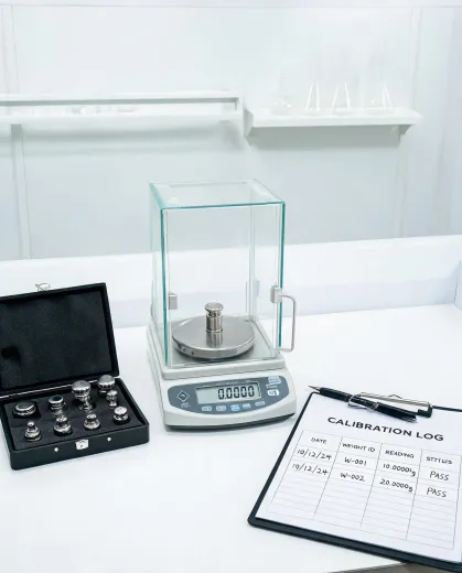 Analytical balance station with calibration weights