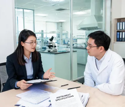 Application advisor reviewing records with laboratory manager