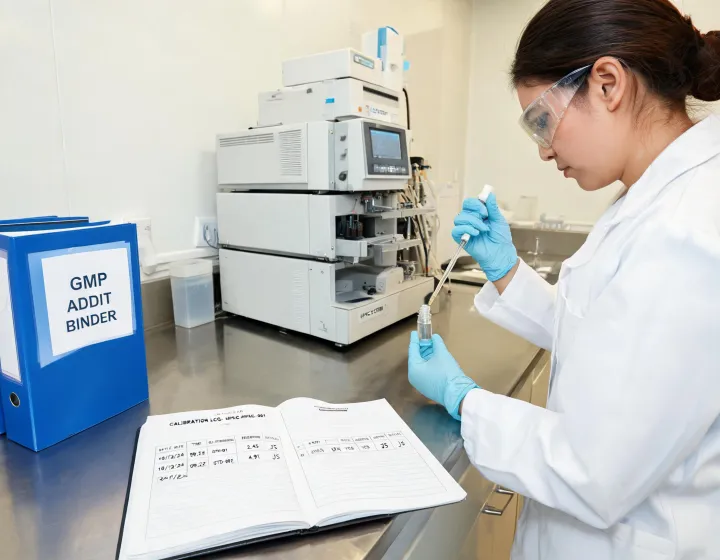 Lab scientist preparing HPLC samples with calibration log open