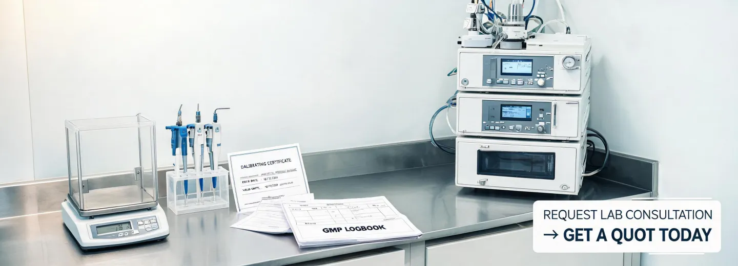 Clean laboratory bench with HPLC and calibration paperwork