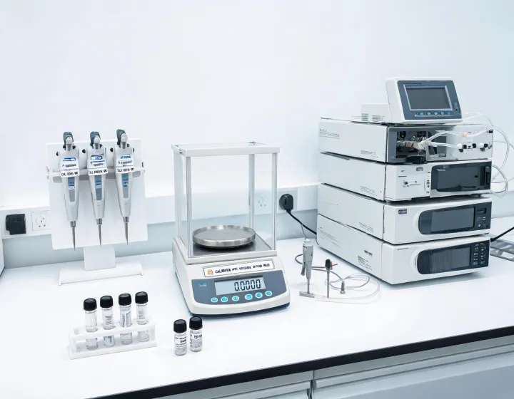 Analytical balance and pipettes beside HPLC system