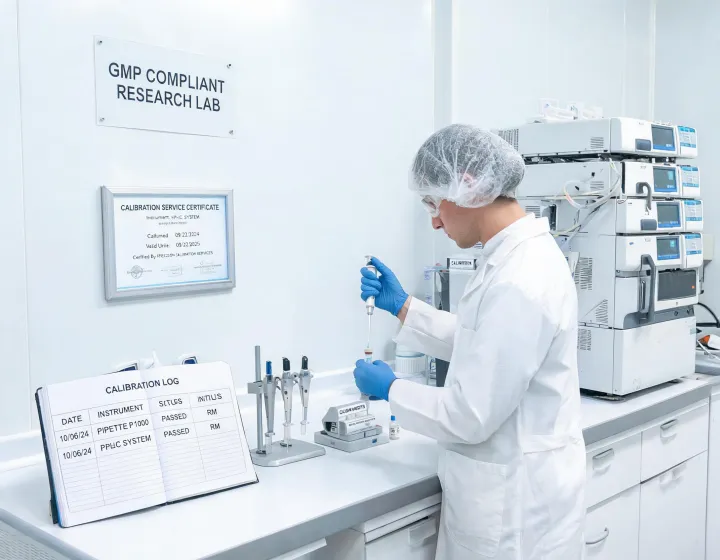 Laboratory technician reviewing calibration certificate near HPLC stack