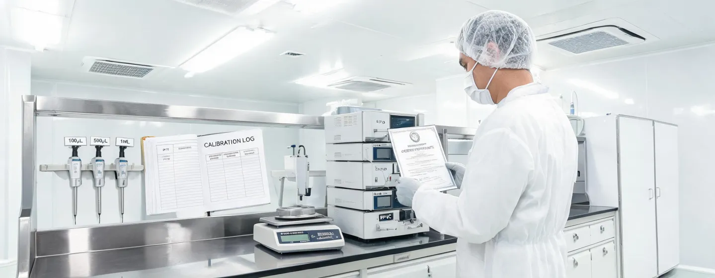 Calibration log beside HPLC stack in clean laboratory