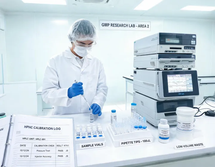 Scientist preparing HPLC samples with reusable records and low-waste bench setup