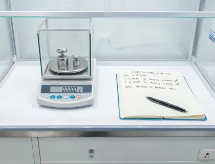 Precision balance verification with weights and logbook